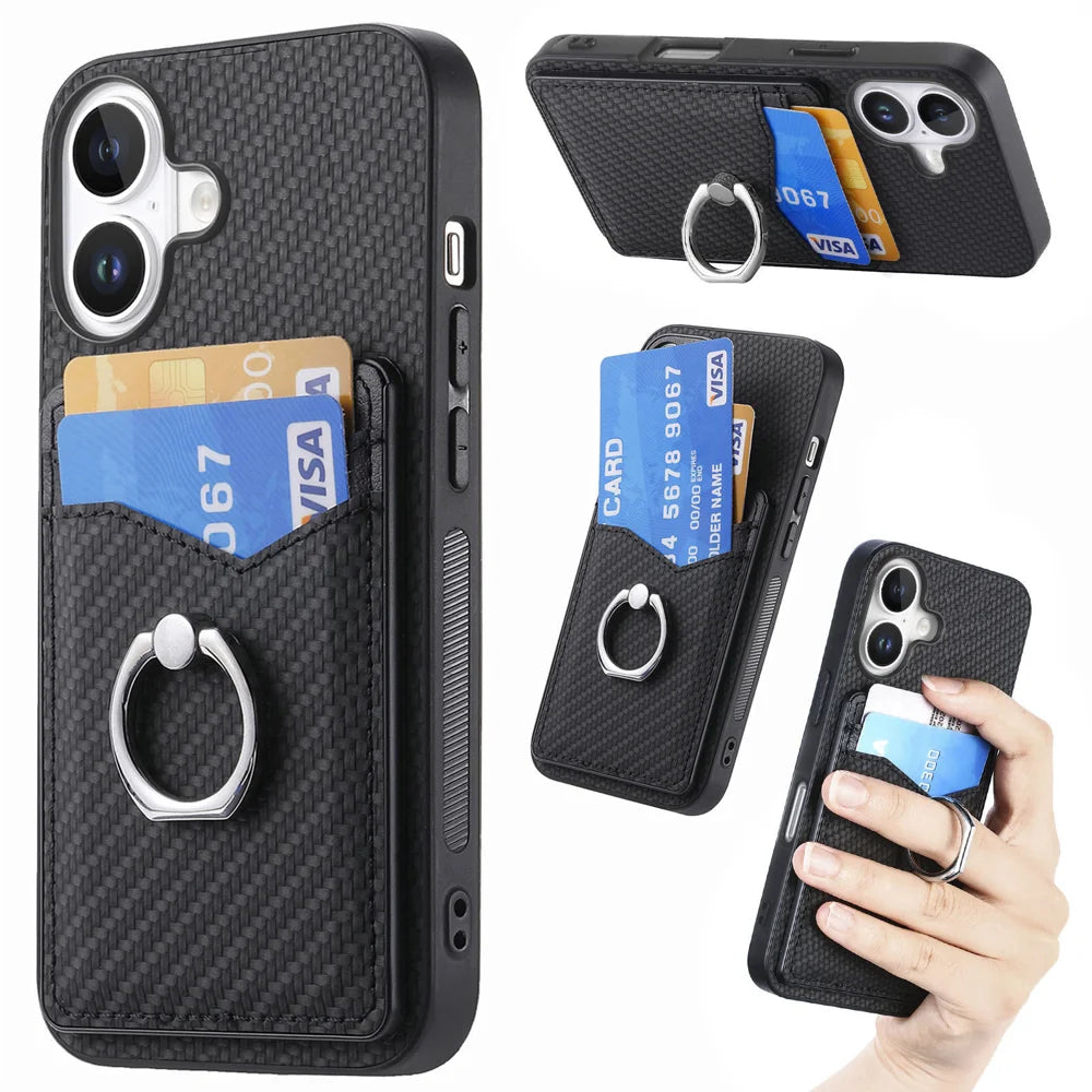 For iPhone 17 Case Card Slots Ring Holder Kickstand Phone Cover - Black - 1