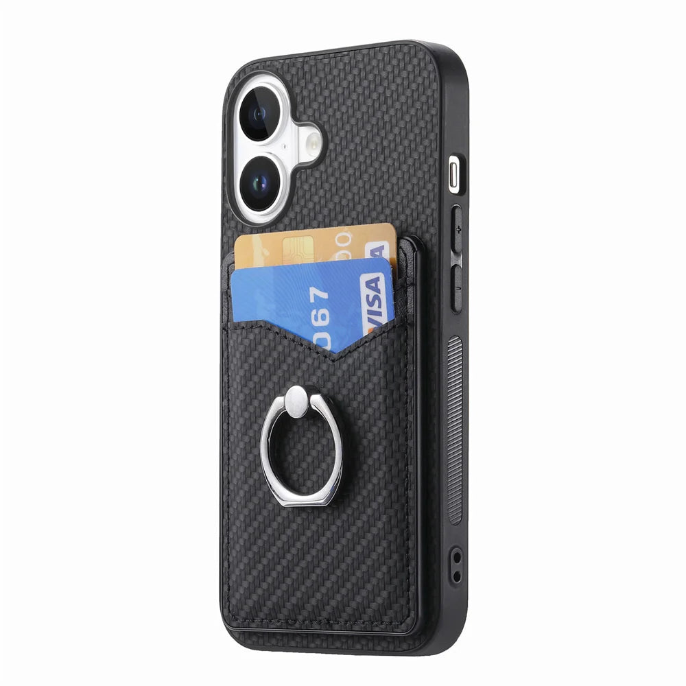 For iPhone 17 Case Card Slots Ring Holder Kickstand Phone Cover - Black - 2