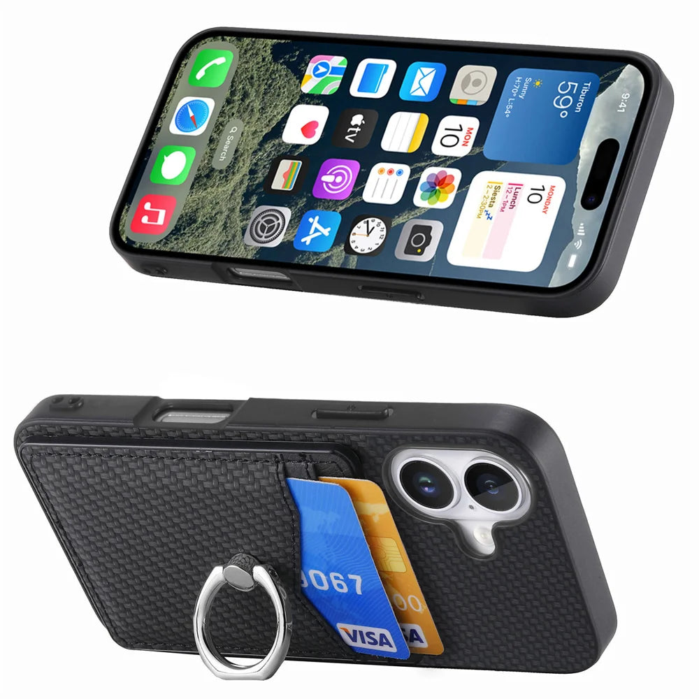 For iPhone 17 Case Card Slots Ring Holder Kickstand Phone Cover - Black - 4
