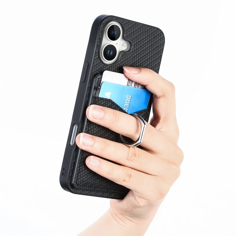 For iPhone 17 Case Card Slots Ring Holder Kickstand Phone Cover - Black - 6