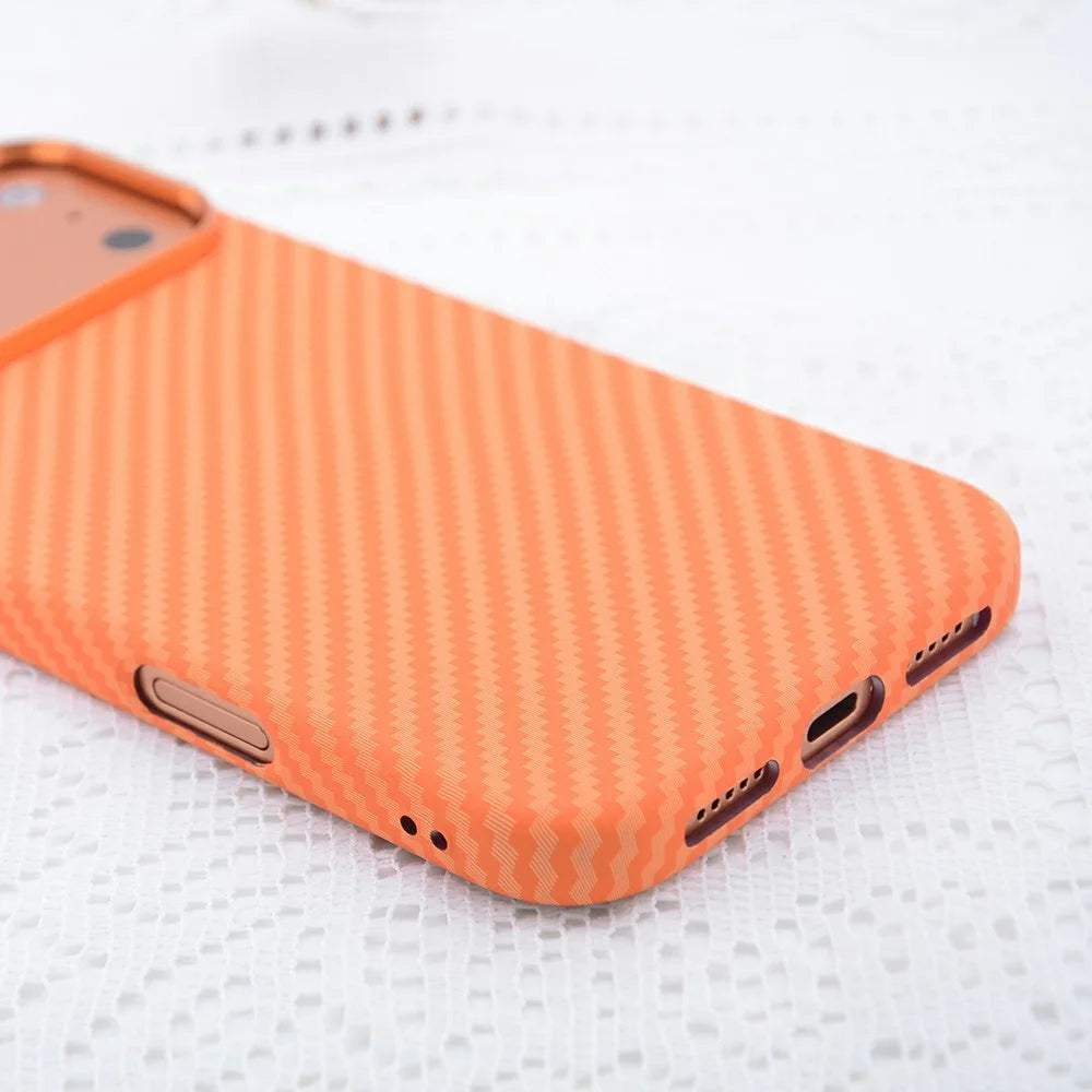 For iPhone 17 Pro Max Case Carbon Fiber Texture Water Transfer PC Phone Cover Compatible with MagSafe - Orange Coarse Lines - 4