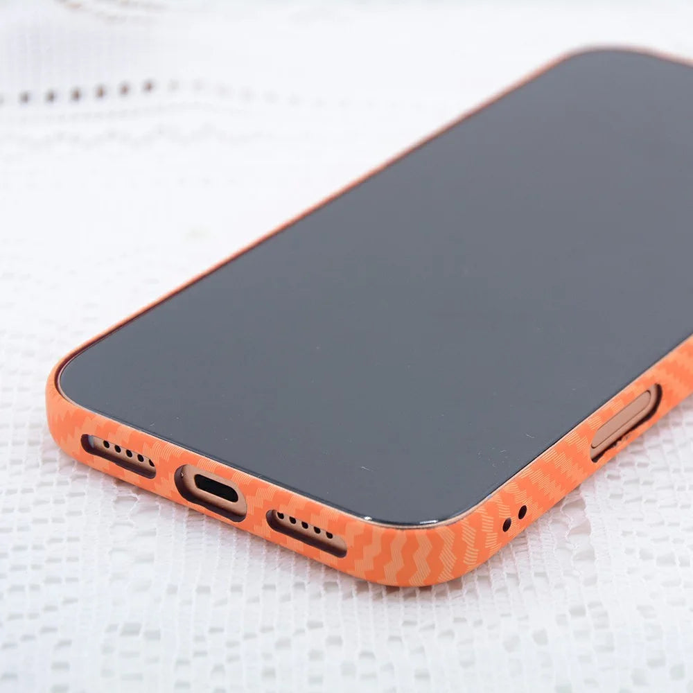 For iPhone 17 Pro Max Case Carbon Fiber Texture Water Transfer PC Phone Cover Compatible with MagSafe - Orange Coarse Lines - 6
