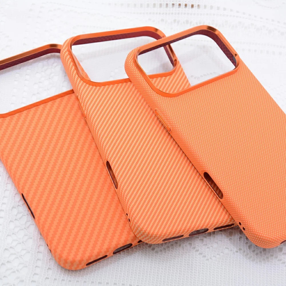 For iPhone 17 Pro Max Case Carbon Fiber Texture Water Transfer PC Phone Cover Compatible with MagSafe - Orange Coarse Lines - 7