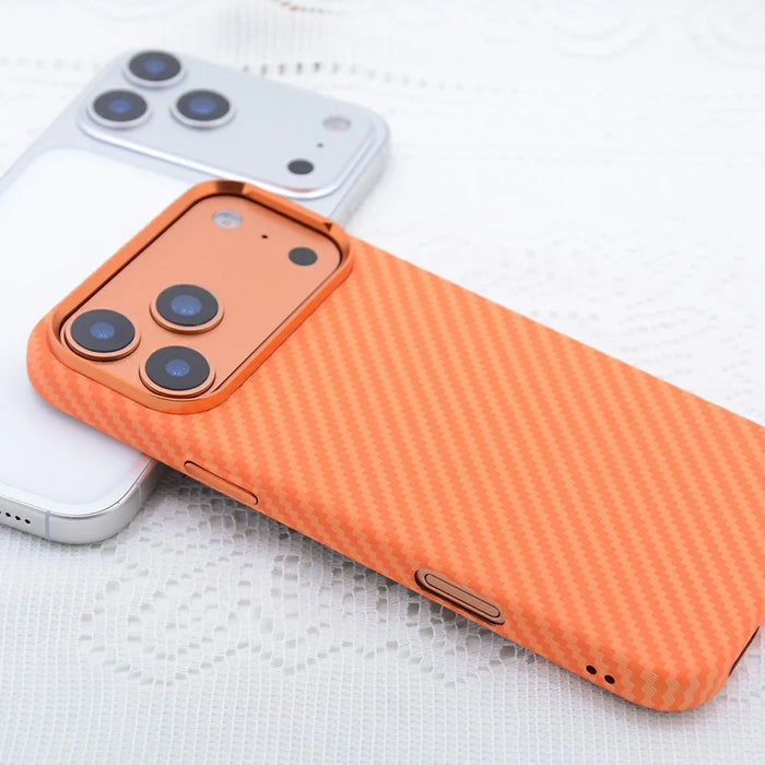 For iPhone 17 Pro Case Carbon Fiber Texture Water Transfer PC Phone Cover Compatible with MagSafe - Orange Coarse Lines - 2