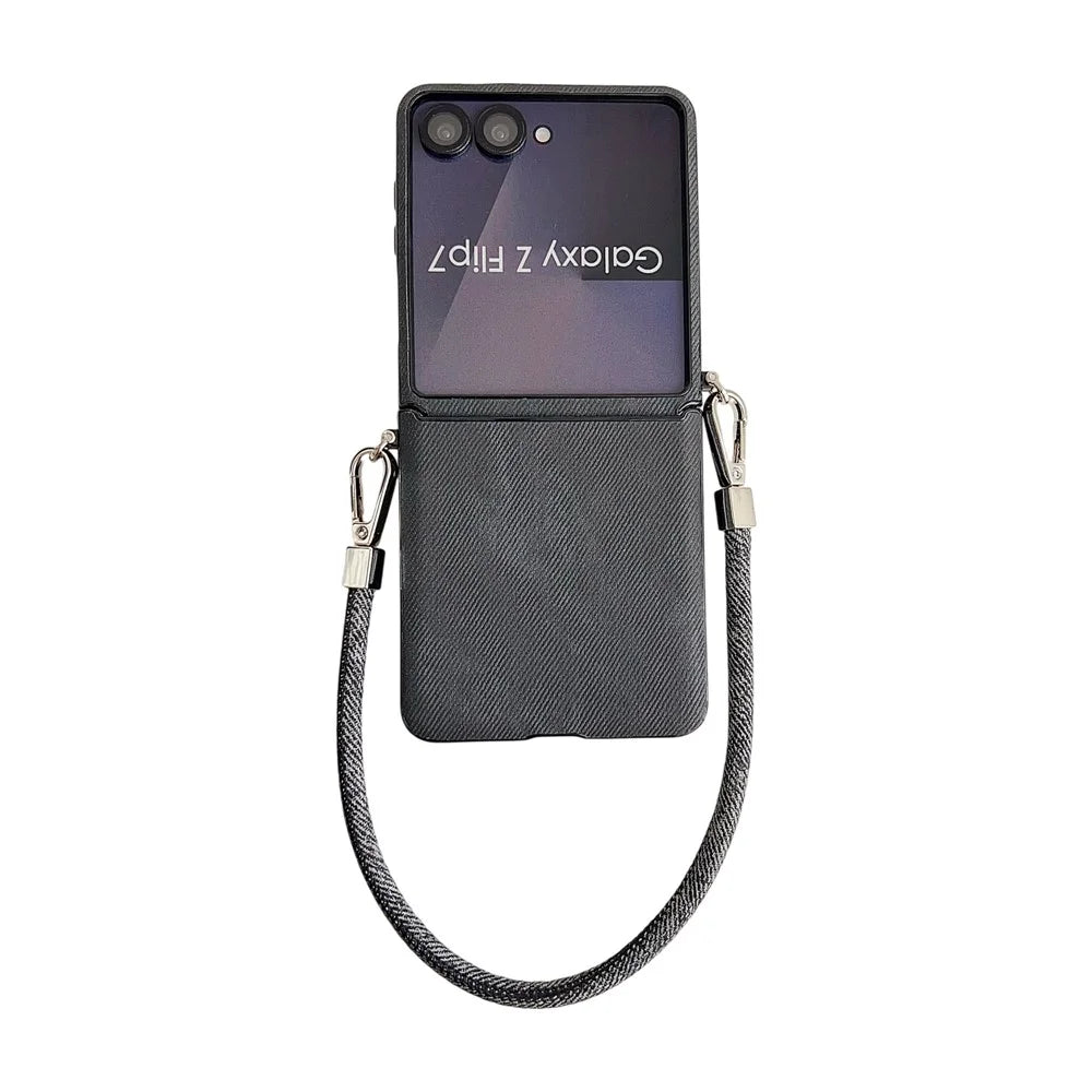 For Samsung Galaxy Z Flip7 5G Case Jeans Cloth Texture PC + Cloth Phone Cover with Wrist Strap - Black - 1
