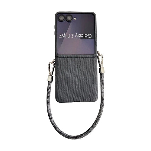 For Samsung Galaxy Z Flip7 5G Case Jeans Cloth Texture PC + Cloth Phone Cover with Wrist Strap - Black - 1