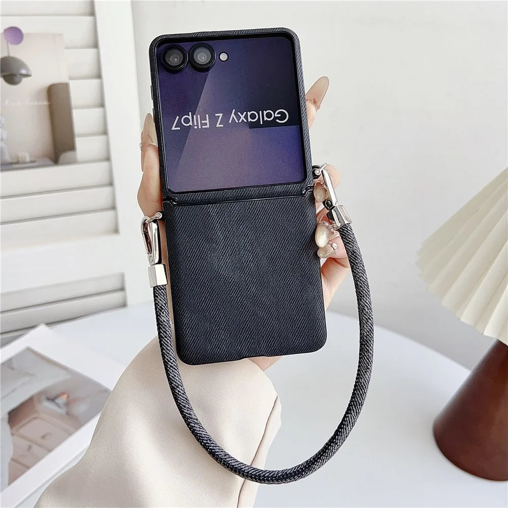 For Samsung Galaxy Z Flip7 5G Case Jeans Cloth Texture PC + Cloth Phone Cover with Wrist Strap - Black - 2