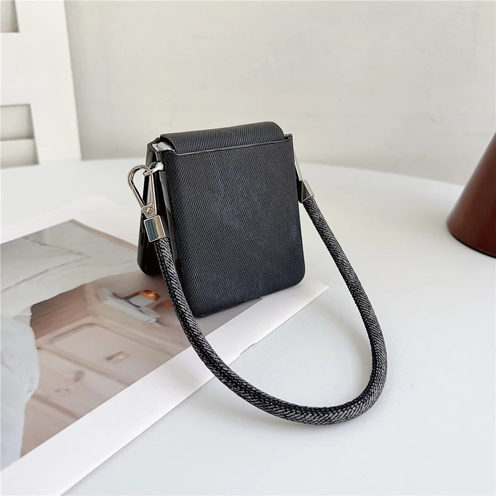 For Samsung Galaxy Z Flip7 5G Case Jeans Cloth Texture PC + Cloth Phone Cover with Wrist Strap - Black - 3