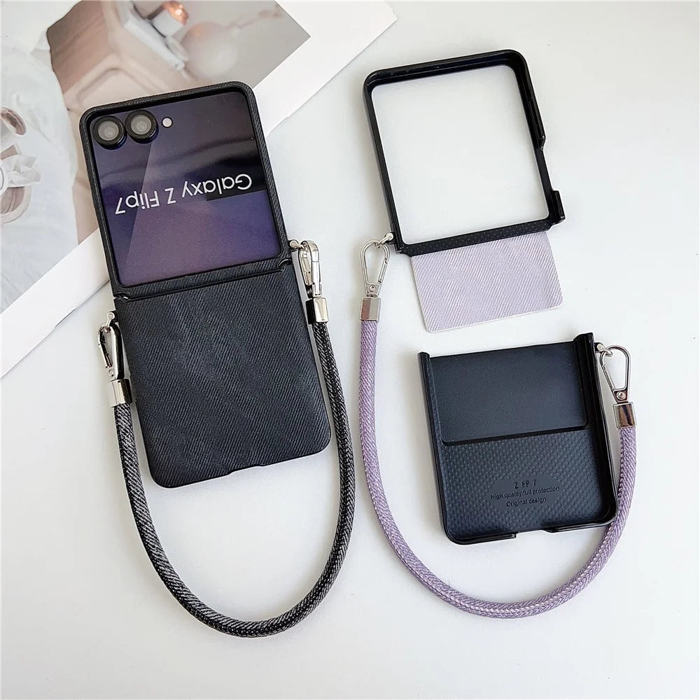 For Samsung Galaxy Z Flip7 5G Case Jeans Cloth Texture PC + Cloth Phone Cover with Wrist Strap - Black - 4