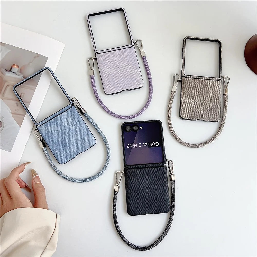 For Samsung Galaxy Z Flip7 5G Case Jeans Cloth Texture PC + Cloth Phone Cover with Wrist Strap - Black - 5