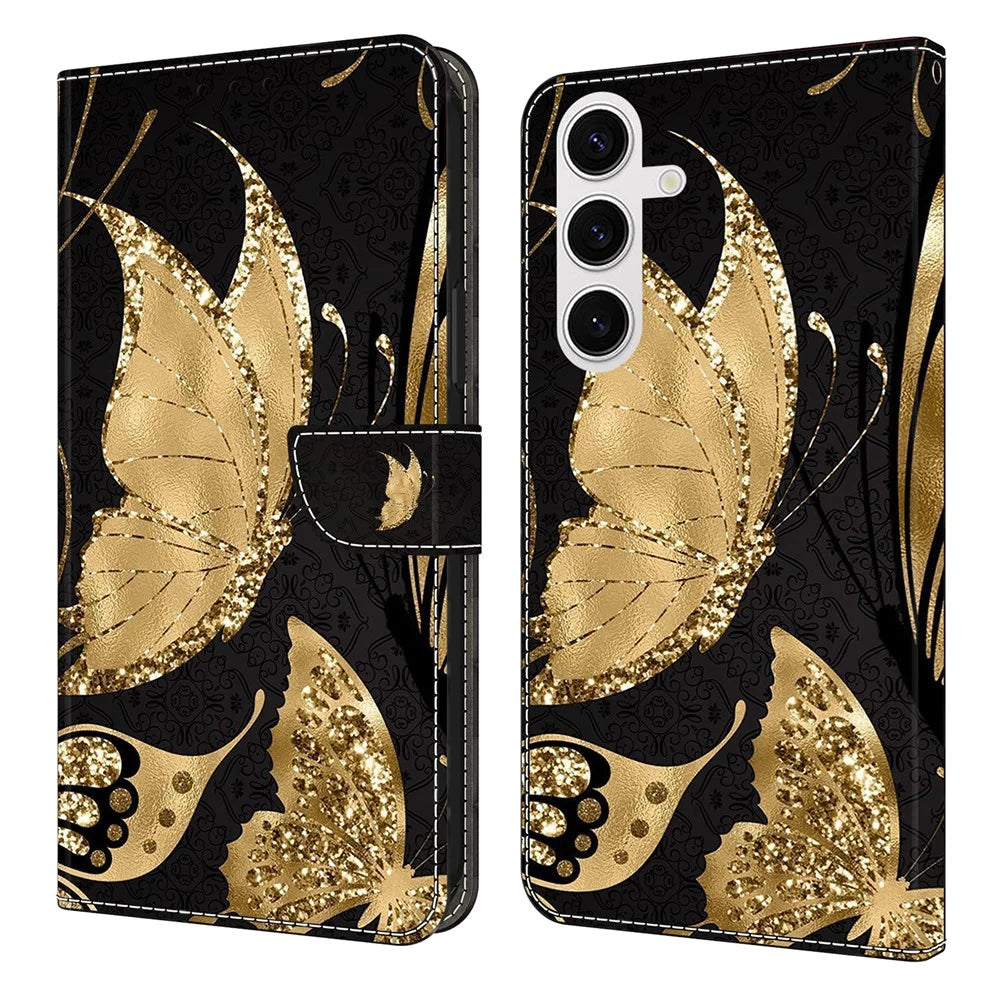 For Samsung Galaxy S26 Case Magnetic Clasp 3D Pattern Leather Wallet Phone Cover - Golden Butterfly - 1