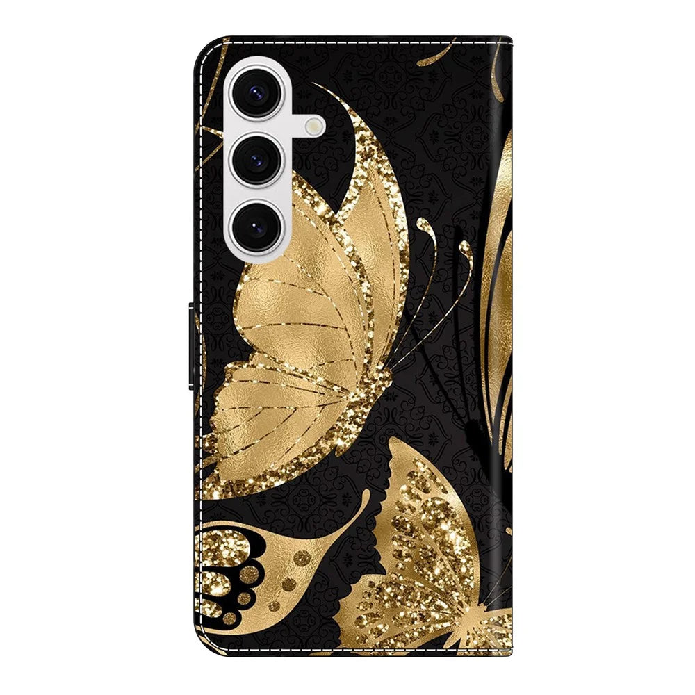 For Samsung Galaxy S26 Case Magnetic Clasp 3D Pattern Leather Wallet Phone Cover - Golden Butterfly - 6