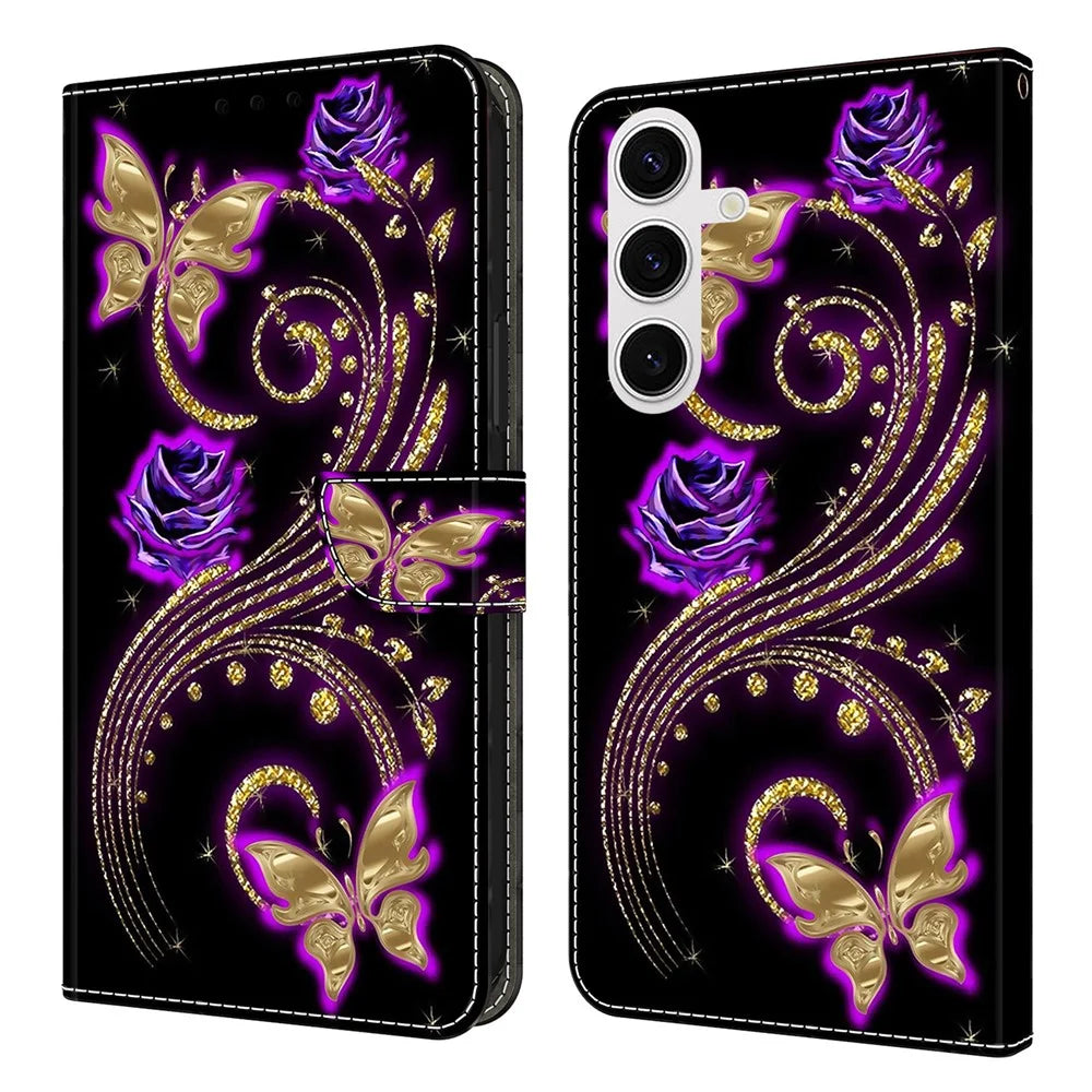 For Samsung Galaxy S26 Case 3D Pattern PU Leather Wallet Phone Cover with Stand - Purple Flowers  /  Butterflies - 1