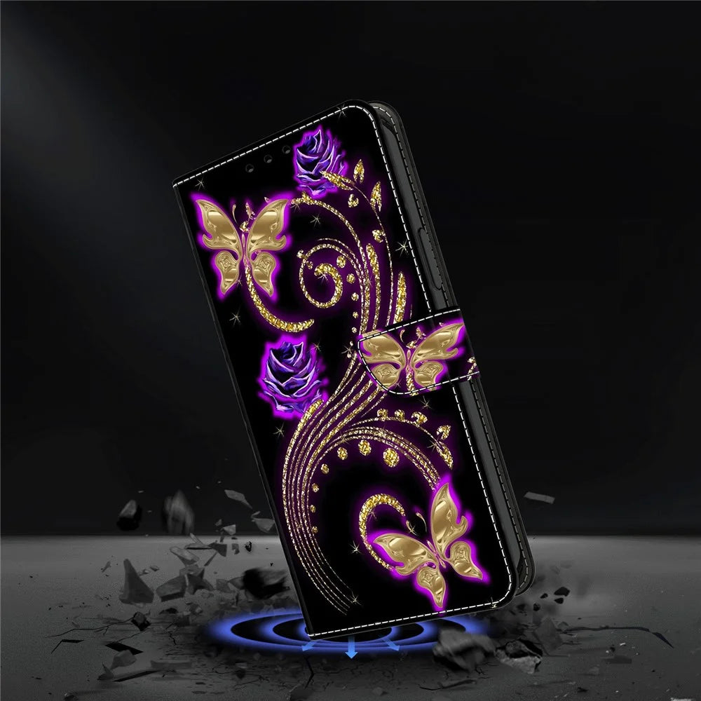 For Samsung Galaxy S26 Case 3D Pattern PU Leather Wallet Phone Cover with Stand - Purple Flowers  /  Butterflies - 4