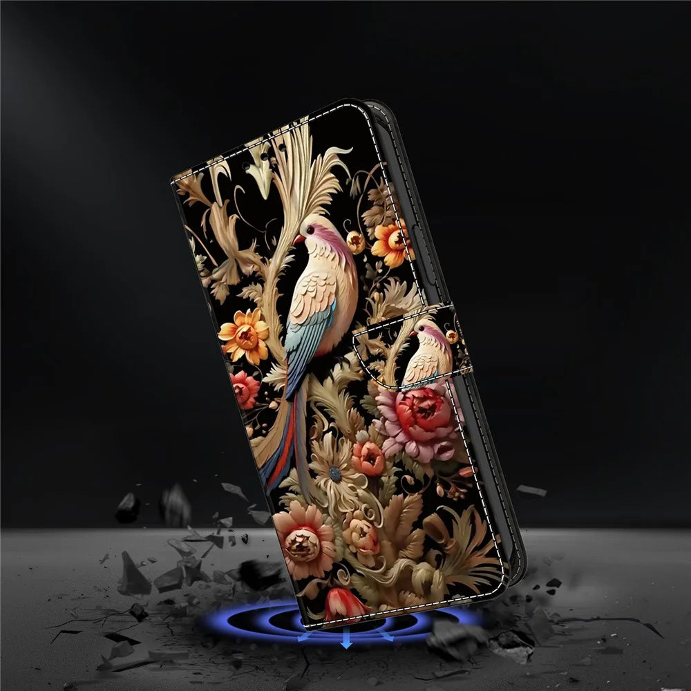 For Samsung Galaxy S26 Case PU Leather Wallet Phone Cover with Stand - Vintage Flower and Bird - 4