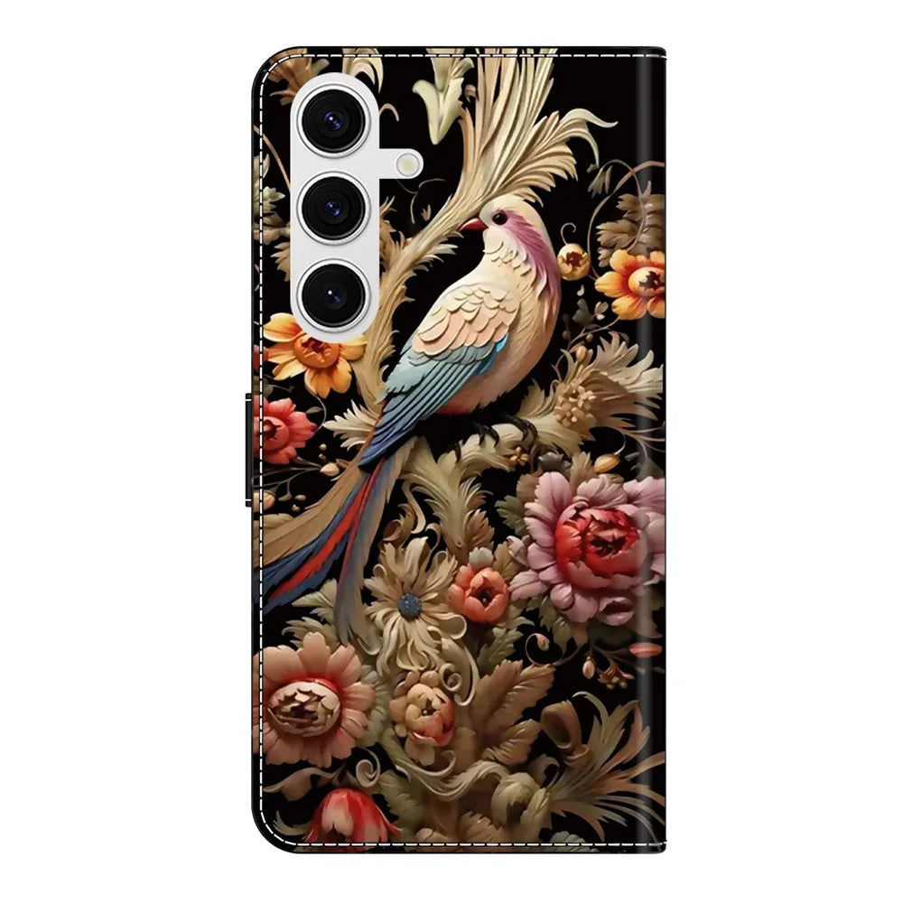 For Samsung Galaxy S26 Case PU Leather Wallet Phone Cover with Stand - Vintage Flower and Bird - 6