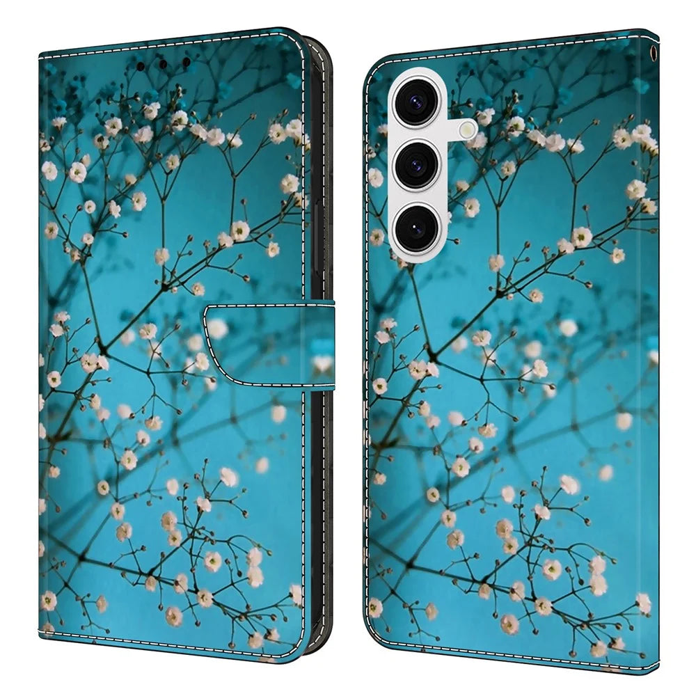 For Samsung Galaxy S26+ Case with Card Slot Pattern Printed TPU + PU Leather Flip Phone Cover - Flower Branch - 1