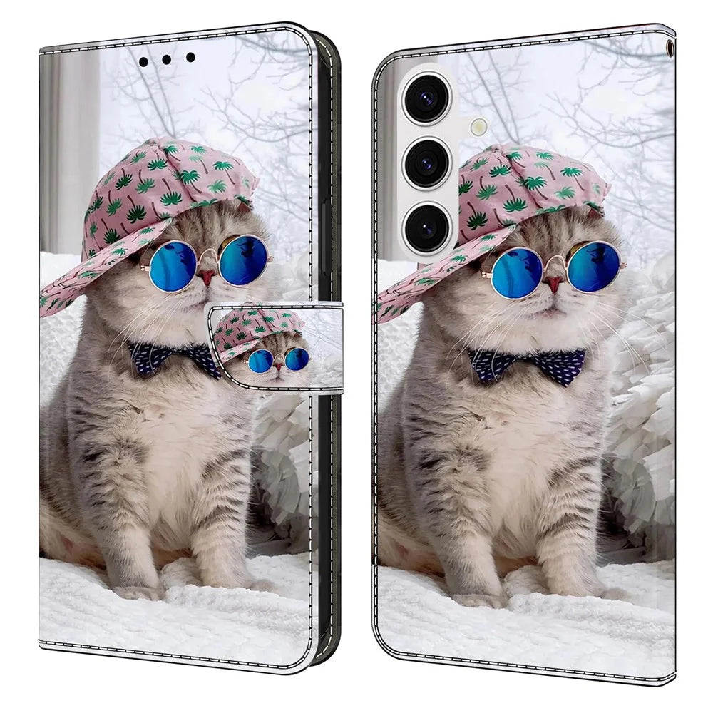 For Samsung Galaxy S26 Wallet Case Pattern Printing Stand Leather Flip Phone Cover - Hat Cat - 1