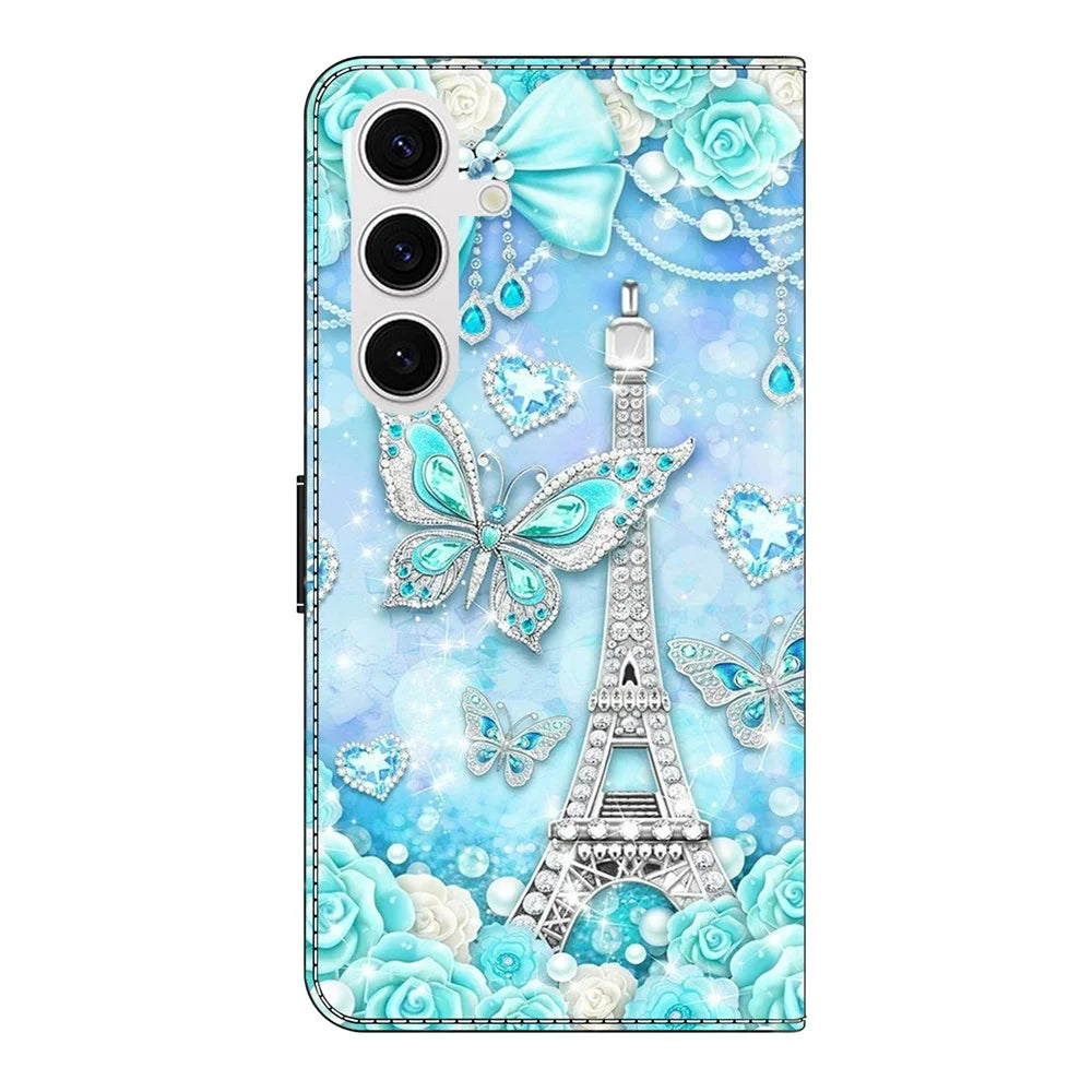 For Samsung Galaxy S26+ Wallet Case Pattern Printing Stand Leather Flip Phone Cover - Butterfly Cobalt Tower - 5