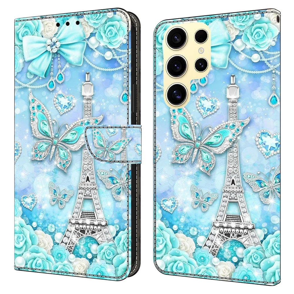 For Samsung Galaxy S26 Ultra Wallet Case Pattern Printing Stand Leather Flip Phone Cover - Butterfly Cobalt Tower - 1