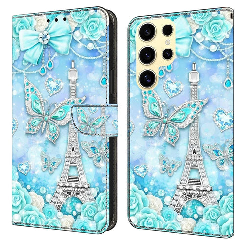 For Samsung Galaxy S26 Ultra Wallet Case Pattern Printing Stand Leather Flip Phone Cover - Butterfly Cobalt Tower - 1