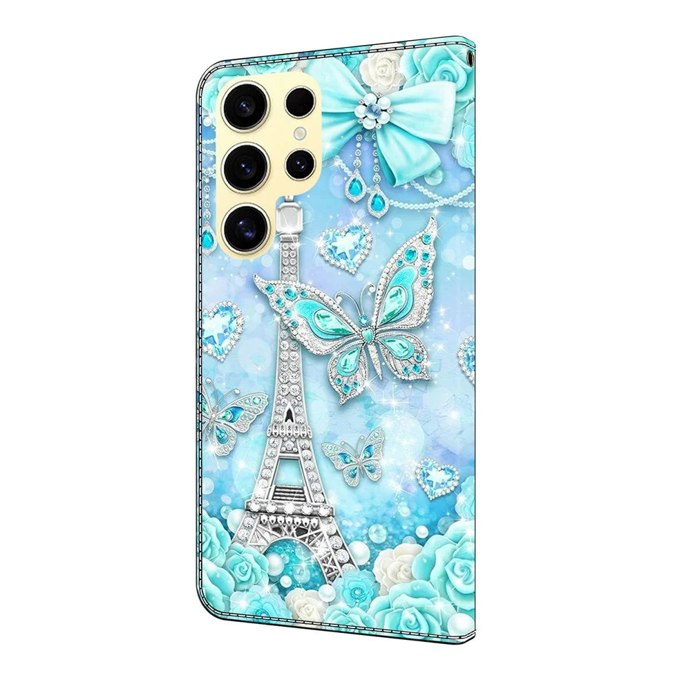For Samsung Galaxy S26 Ultra Wallet Case Pattern Printing Stand Leather Flip Phone Cover - Butterfly Cobalt Tower - 5