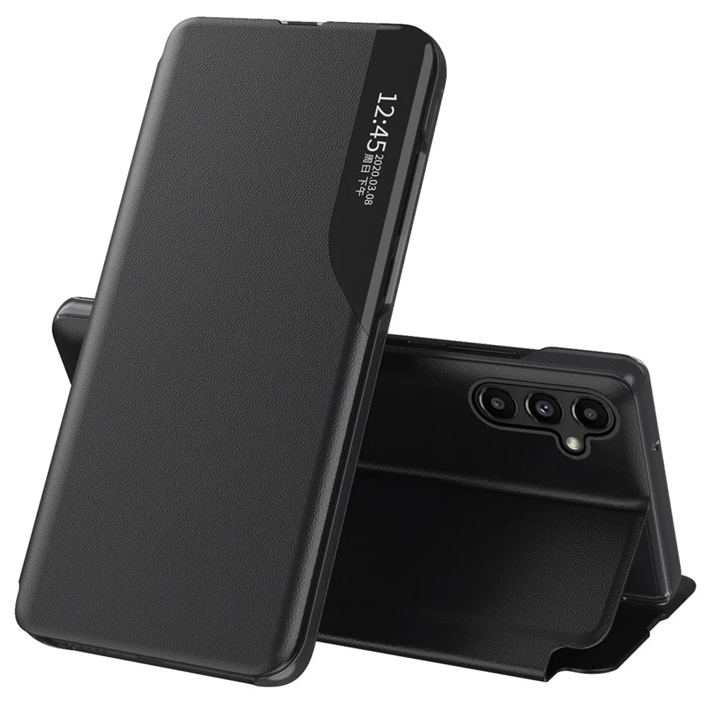 For Samsung Galaxy A14 5G / A14 4G PU Leather View Window Flip Case Stand Scratchproof Full Body Protective Phone Case - Black - 1