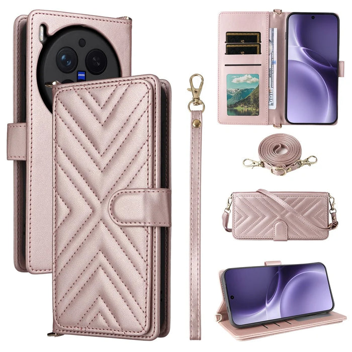 For vivo X300 Pro 5G Leather Case Stand Wallet Phone Cover with Shoulder / Wrist Strap - Pink - 1