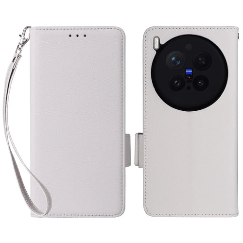 For vivo X300 Pro 5G Case Litchi Texture Wallet Leather Phone Cover with Wrist Strap - White - 1