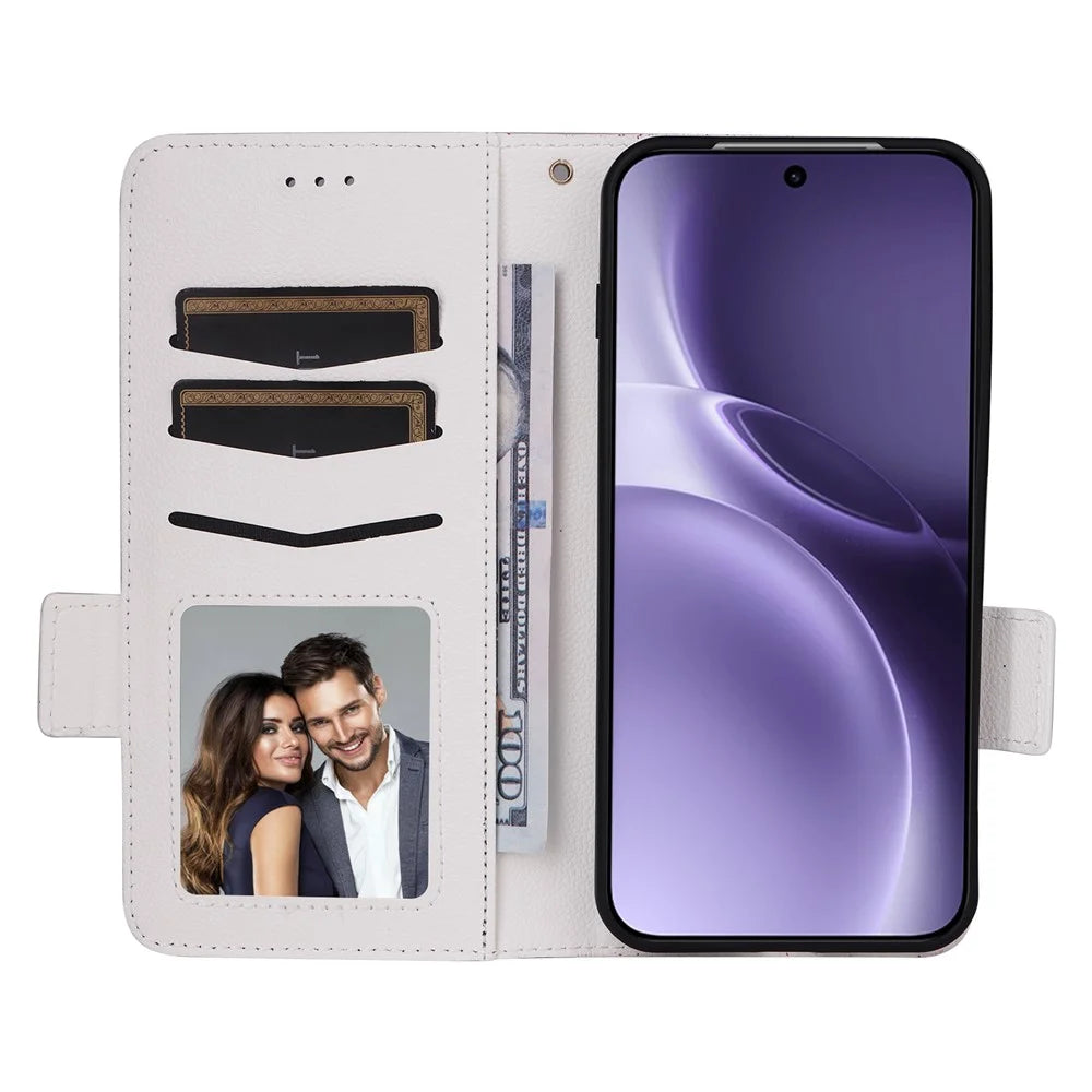 For vivo X300 Pro 5G Case Litchi Texture Wallet Leather Phone Cover with Wrist Strap - White - 2
