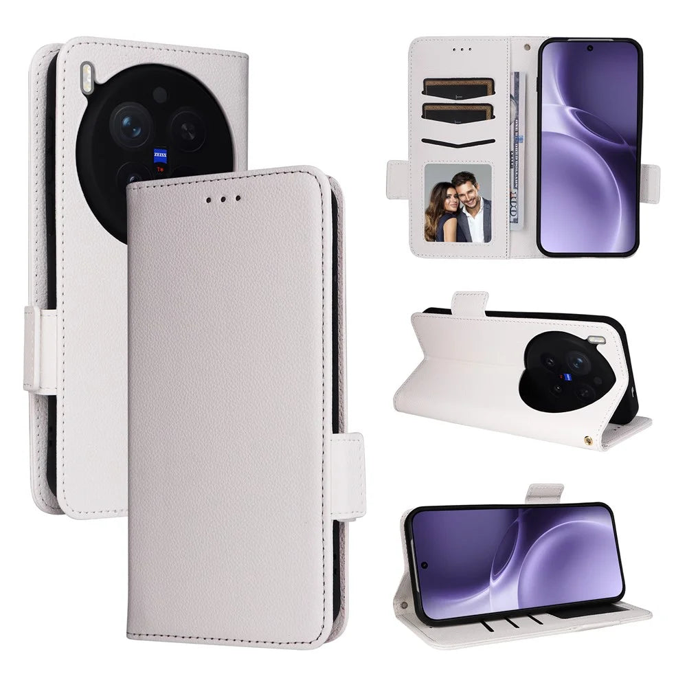 For vivo X300 Pro 5G Case Litchi Texture Wallet Leather Phone Cover with Wrist Strap - White - 7