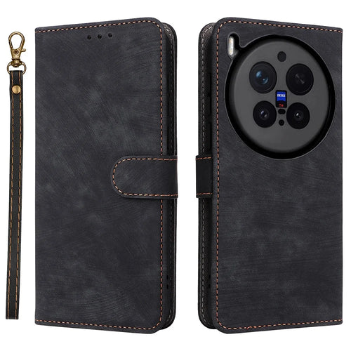 For vivo X300 Pro 5G Case Wallet RFID Blocking PU Leather Phone Cover Stand with Strap - Black - 1