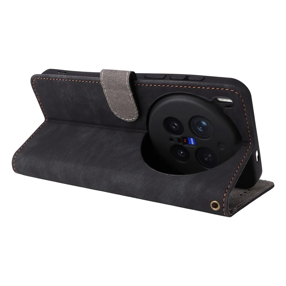 For vivo X300 Pro 5G Case Wallet RFID Blocking PU Leather Phone Cover Stand with Strap - Black - 5