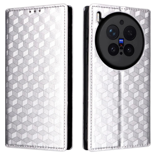 For vivo X300 Pro 5G Case Wallet Rhombus Imprinted PU Leather Phone Cover - Silver - 1