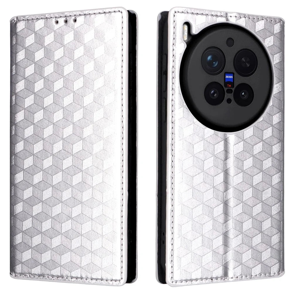 For vivo X300 Pro 5G Case Wallet Rhombus Imprinted PU Leather Phone Cover - Silver - 1