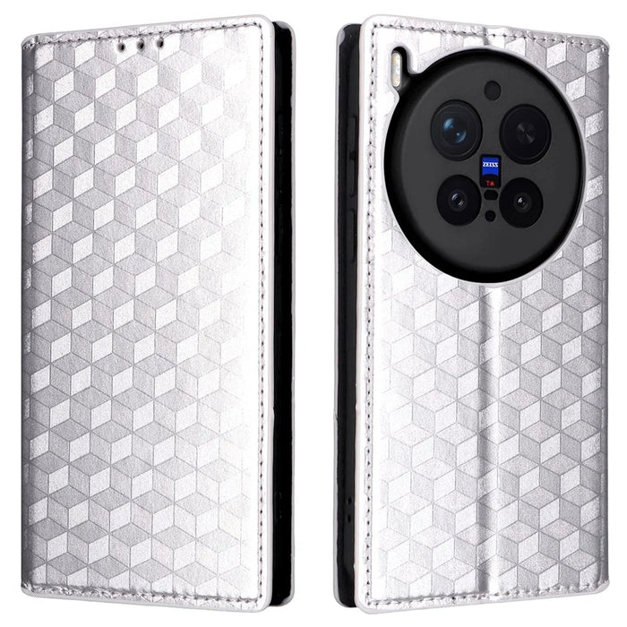 For vivo X300 Pro 5G Case Wallet Rhombus Imprinted PU Leather Phone Cover - Silver - 1