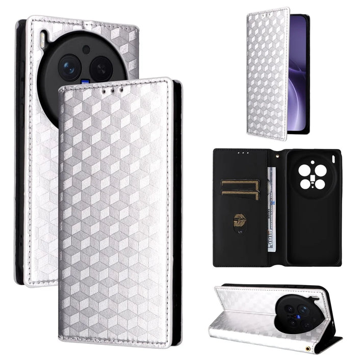 For vivo X300 Pro 5G Case Wallet Rhombus Imprinted PU Leather Phone Cover - Silver - 6