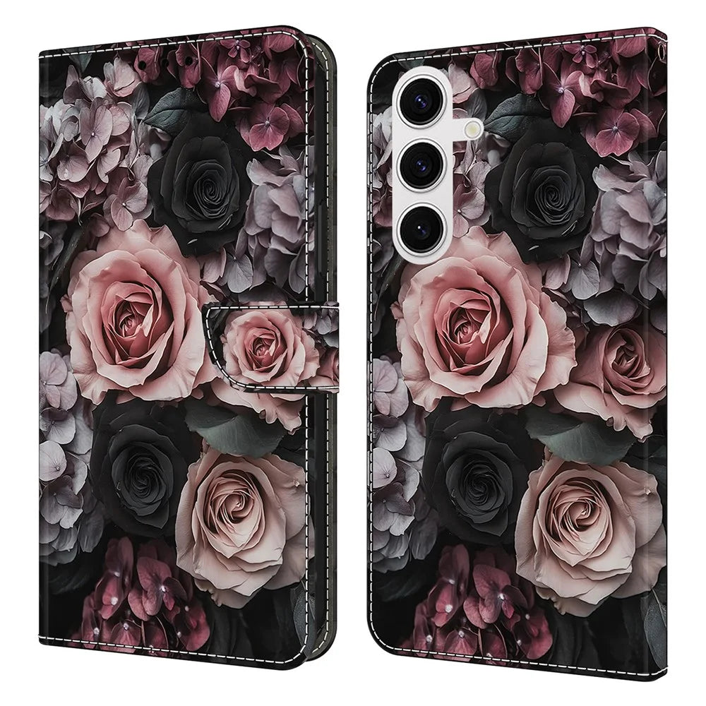 For Samsung Galaxy S26+ Leather Case Pattern Printing Wallet Stand Flip Phone Cover - Chinese Rose - 1