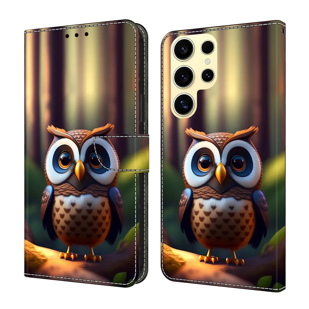 For Samsung Galaxy S26 Ultra Leather Case Pattern Printing Wallet Stand Flip Phone Cover - Brown Little Owl - 1