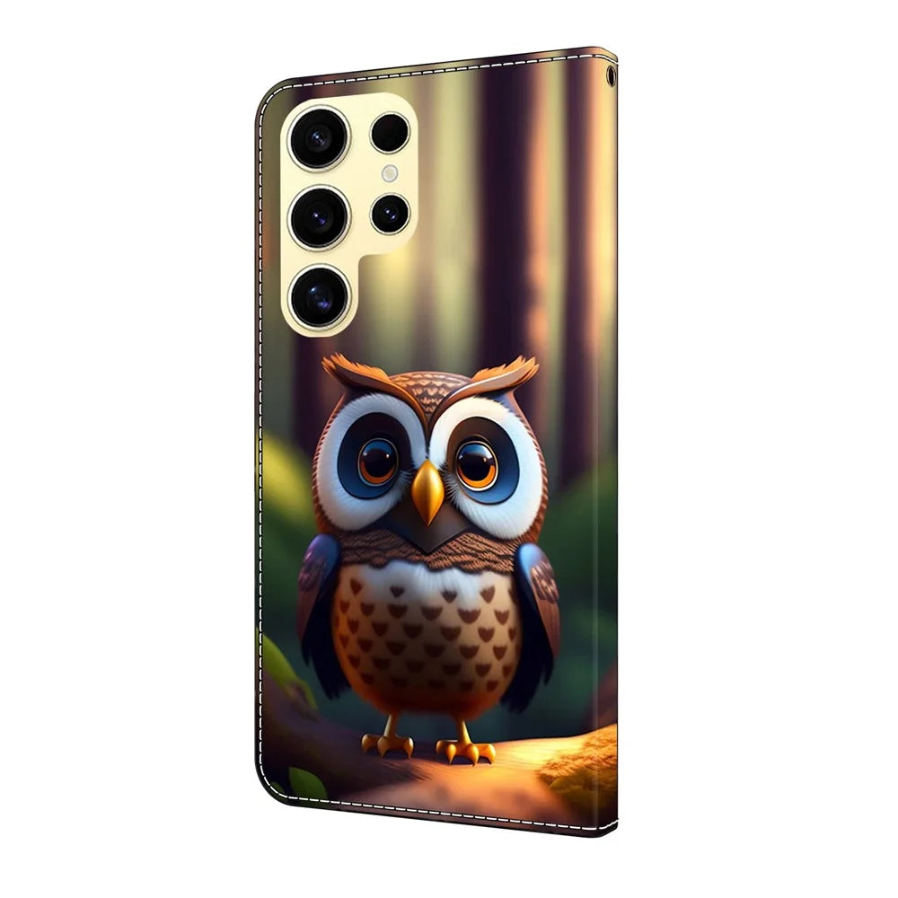 For Samsung Galaxy S26 Ultra Leather Case Pattern Printing Wallet Stand Flip Phone Cover - Brown Little Owl - 5