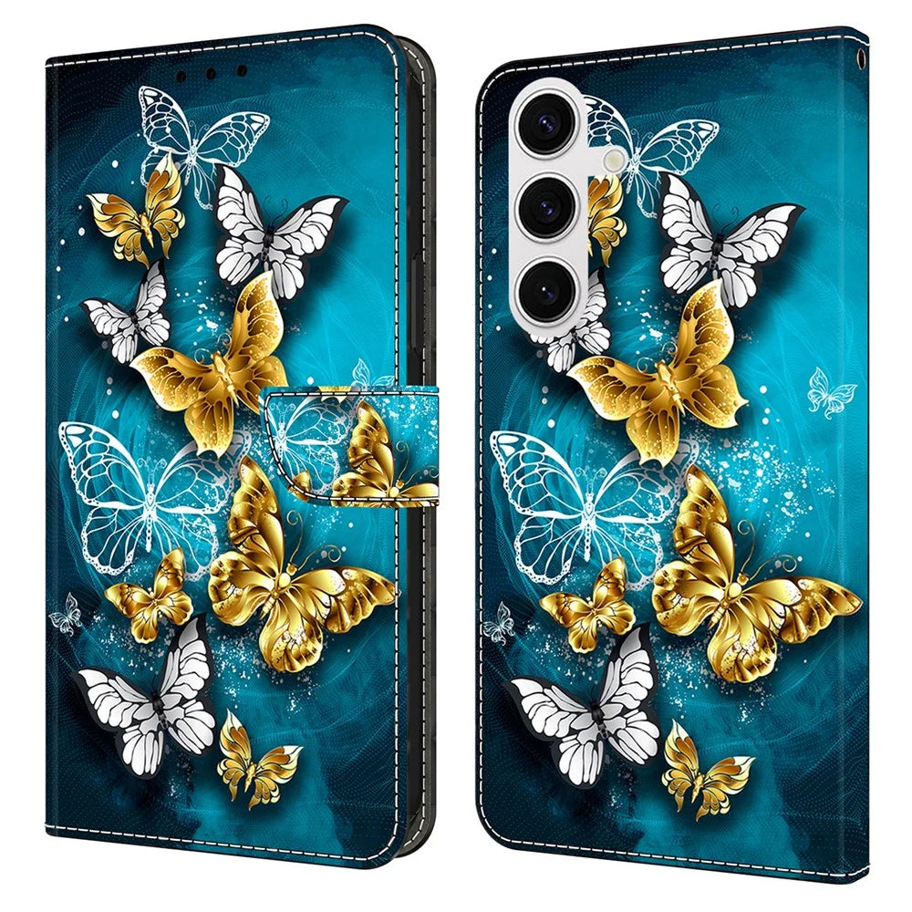 For Samsung Galaxy S26 Case Wallet Stand Pattern Printing PU Leather Flip Phone Cover - Gold Butterfly on Green - 1