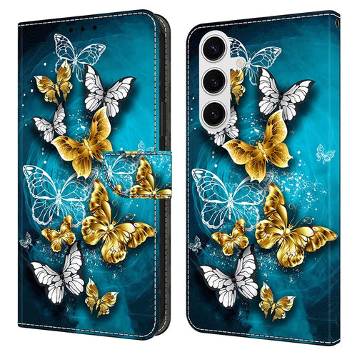 For Samsung Galaxy S26 Case Wallet Stand Pattern Printing PU Leather Flip Phone Cover - Gold Butterfly on Green - 1