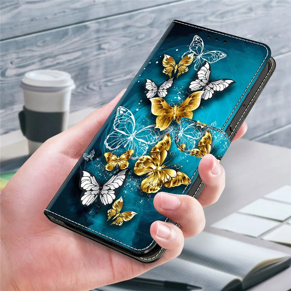 For Samsung Galaxy S26 Case Wallet Stand Pattern Printing PU Leather Flip Phone Cover - Gold Butterfly on Green - 5