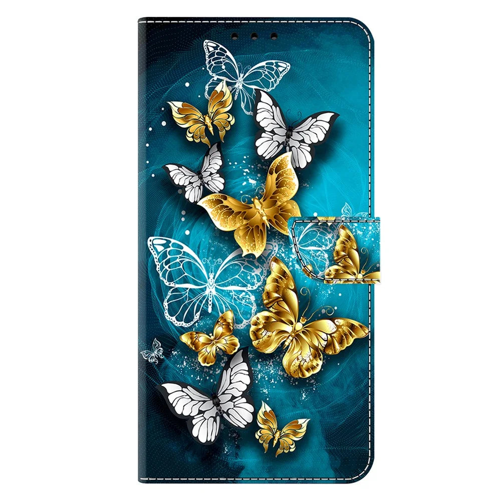 For Samsung Galaxy S26 Case Wallet Stand Pattern Printing PU Leather Flip Phone Cover - Gold Butterfly on Green - 6