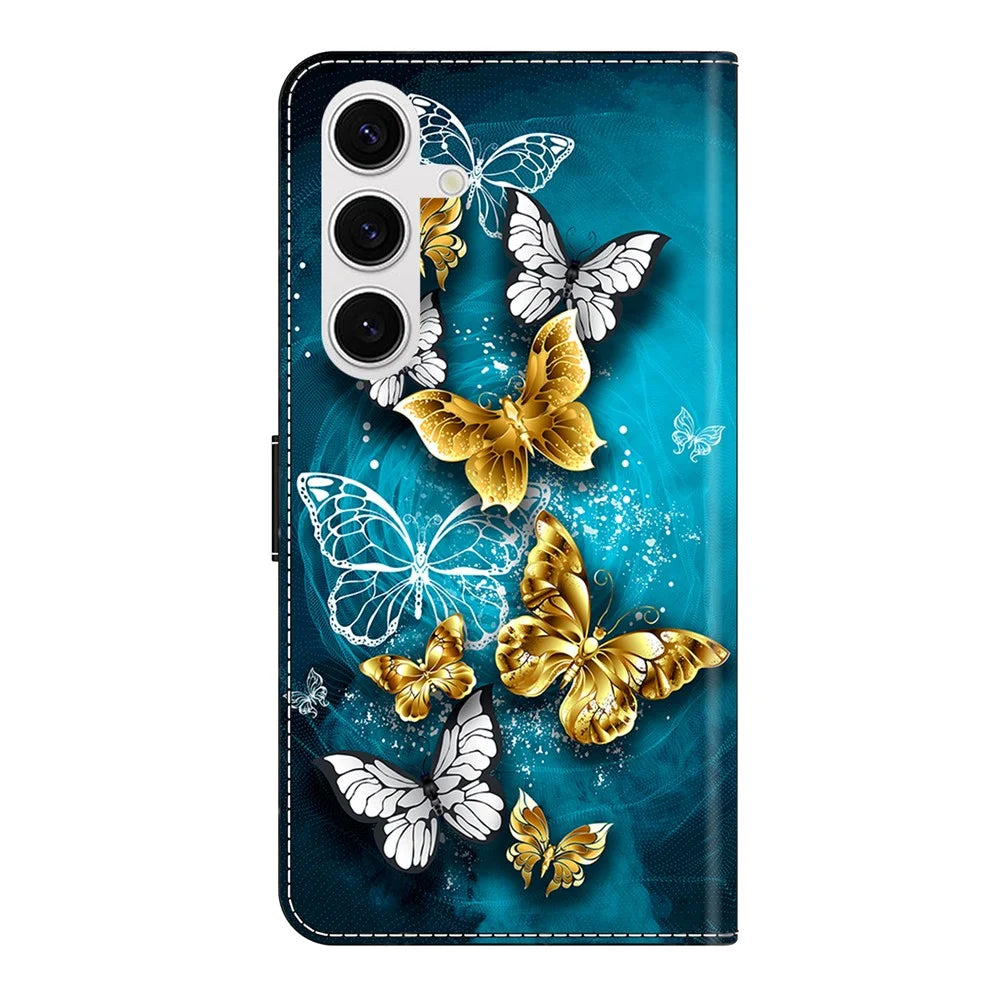 For Samsung Galaxy S26 Case Wallet Stand Pattern Printing PU Leather Flip Phone Cover - Gold Butterfly on Green - 7
