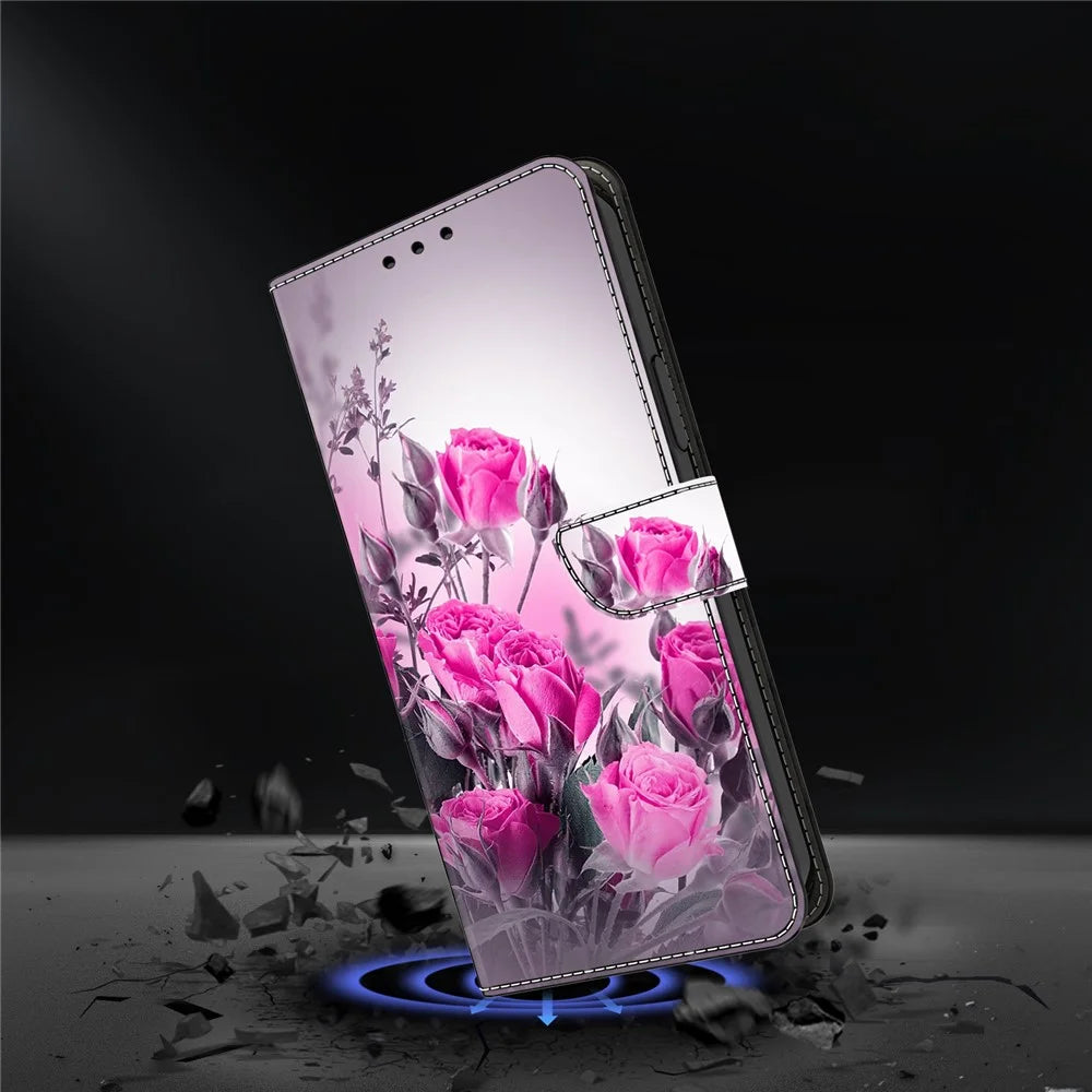 For Samsung Galaxy S26+ Case Wallet Stand Pattern Printing PU Leather Flip Phone Cover - Purple Flowers - 4