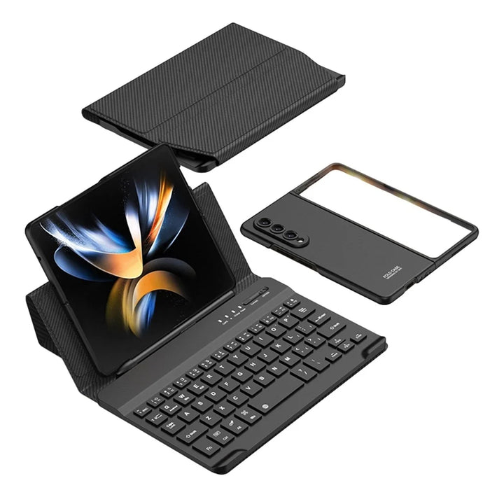 GKK For Samsung Galaxy Z Fold4 5G Shockproof Phone Case Bluetooth-compatible Keyboard with Magnetic Folding Keyboard Case + Tempered Glass Screen Protector - Carbon Fiber - 1