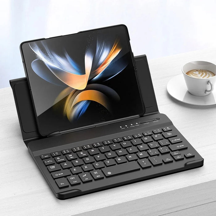 GKK For Samsung Galaxy Z Fold4 5G Shockproof Phone Case Bluetooth-compatible Keyboard with Magnetic Folding Keyboard Case + Tempered Glass Screen Protector - Carbon Fiber - 4