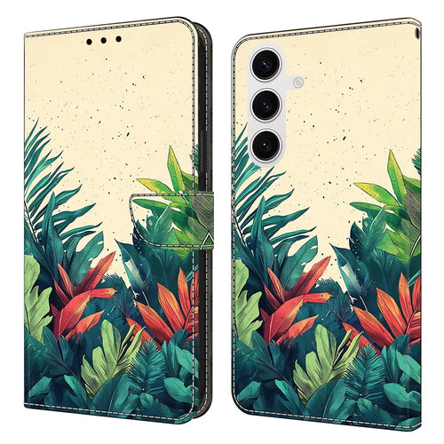 For Samsung Galaxy S26 Wallet Case Pattern Printing PU Leather Flip Stand Phone Cover - Leaves - 1