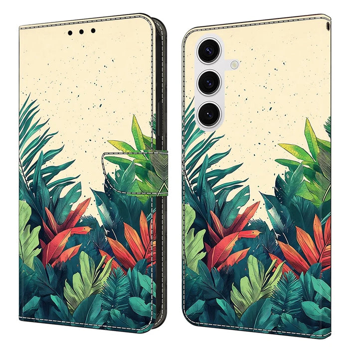 For Samsung Galaxy S26 Wallet Case Pattern Printing PU Leather Flip Stand Phone Cover - Leaves - 1